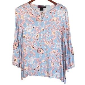 Peck & Peck Floral Print Bell Sleeve Blouse Blue Coral Rayon Boho Top S